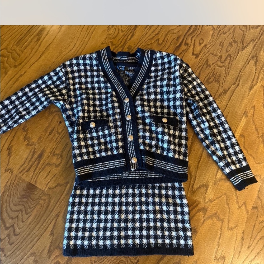 Black and White Checkered Cardigan and Skirt Set